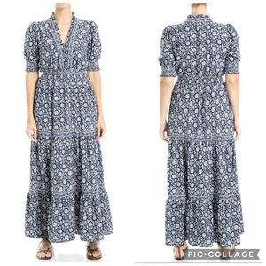 Max Studio Short Sleeve Tiered Maxi Dress Navy Floral XL